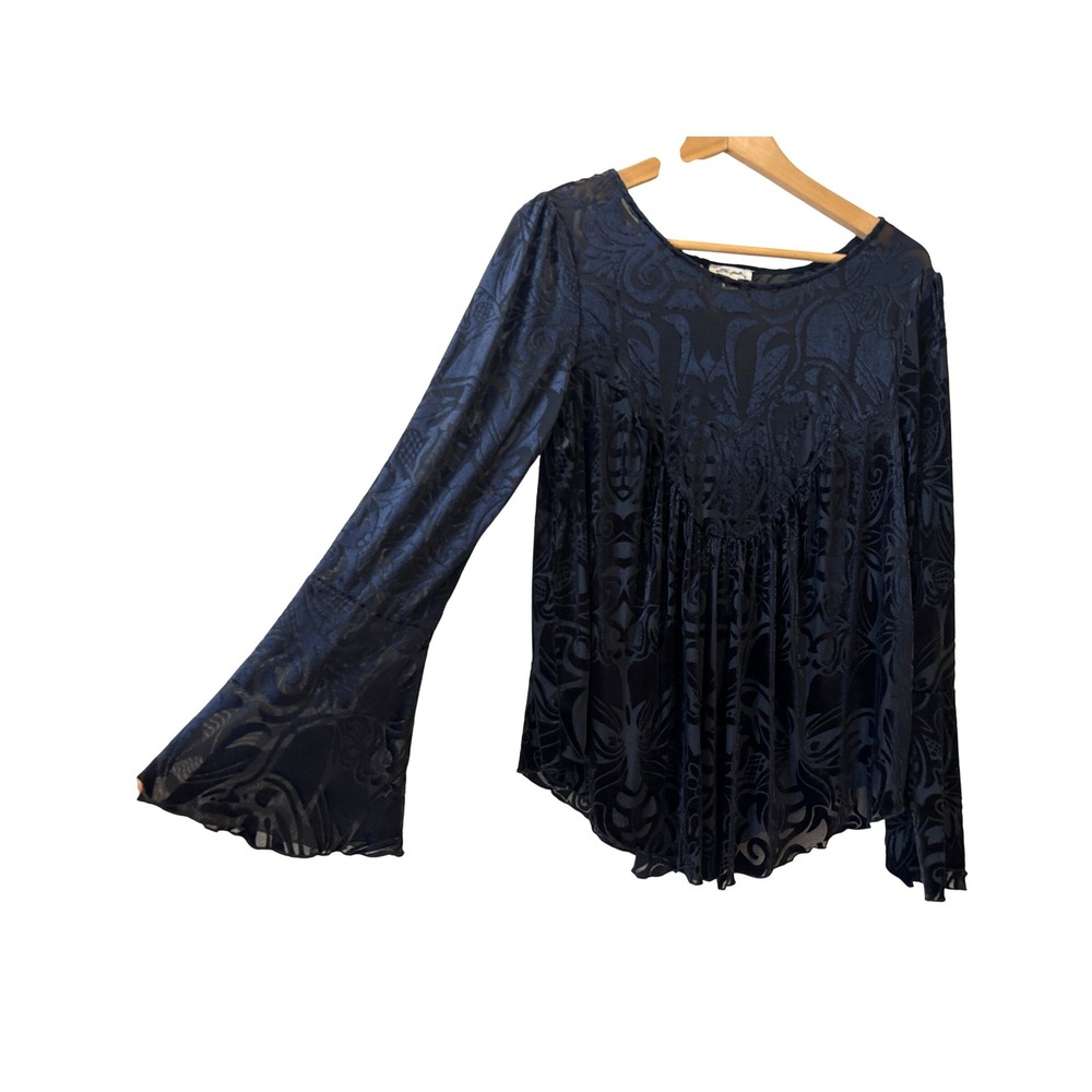Ultra Pink Burnout Velvet Blouse Size M Black Bell Sleeve Witchy Goth Vamp Boho